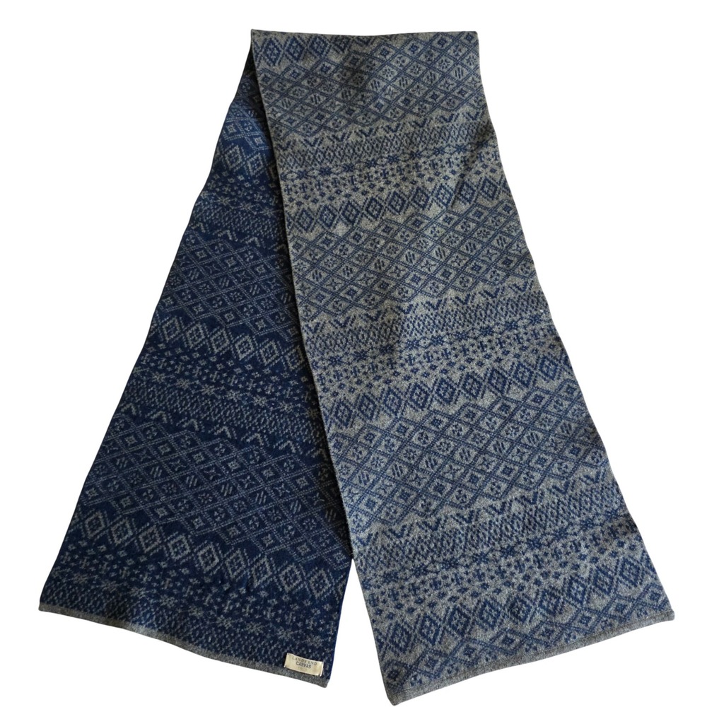Lands End Canvas Blue Grey Fair Isle Knit Scarf Geometric Reversible 72 Inch